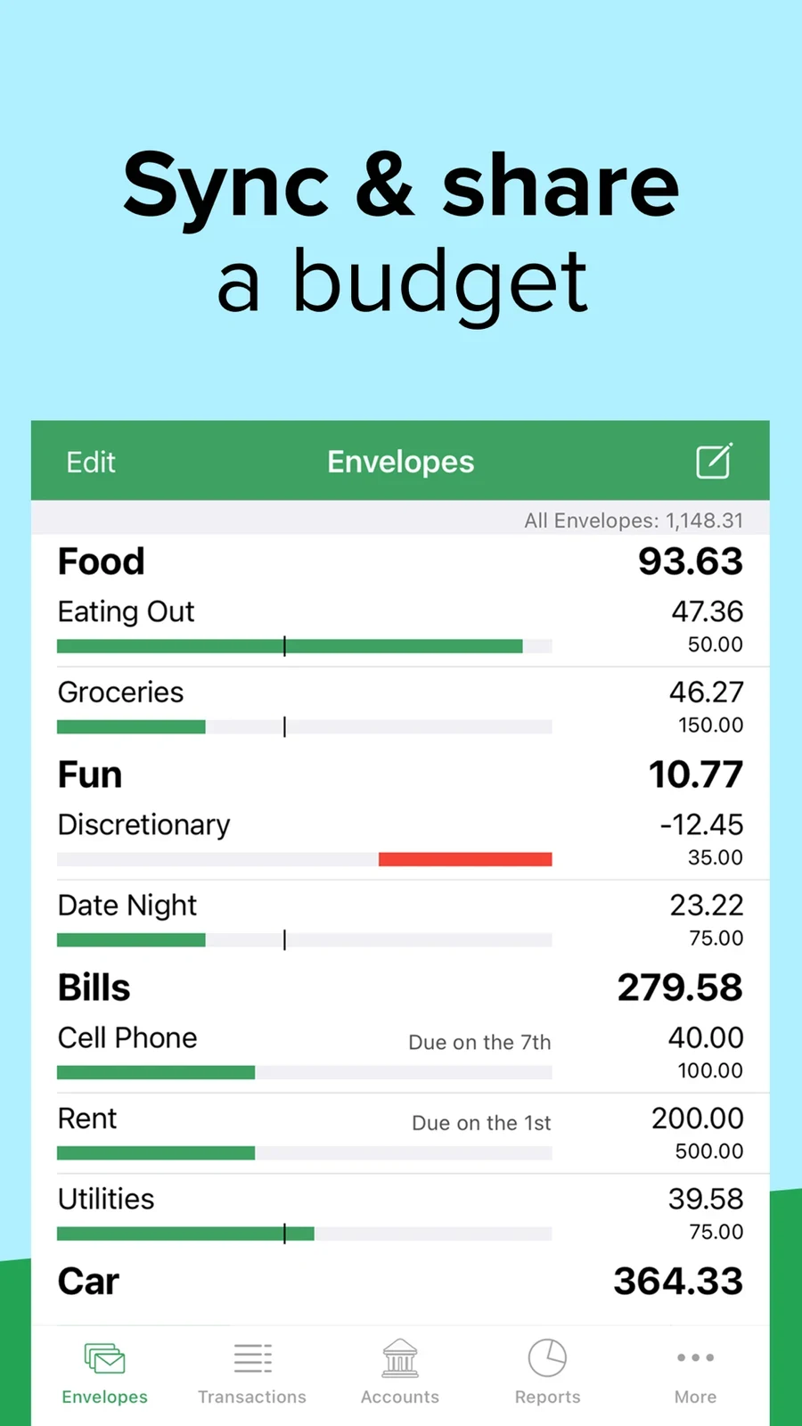 Goodbudget: envelope balances with positive and negative amounts