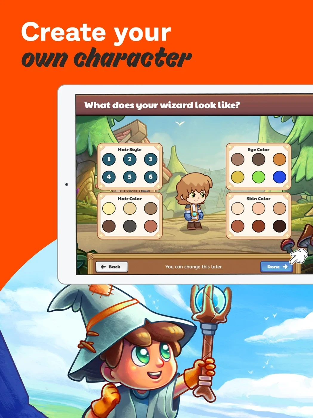 Prodigy Math Game, panel 1: A character customization screen opens the sequence.