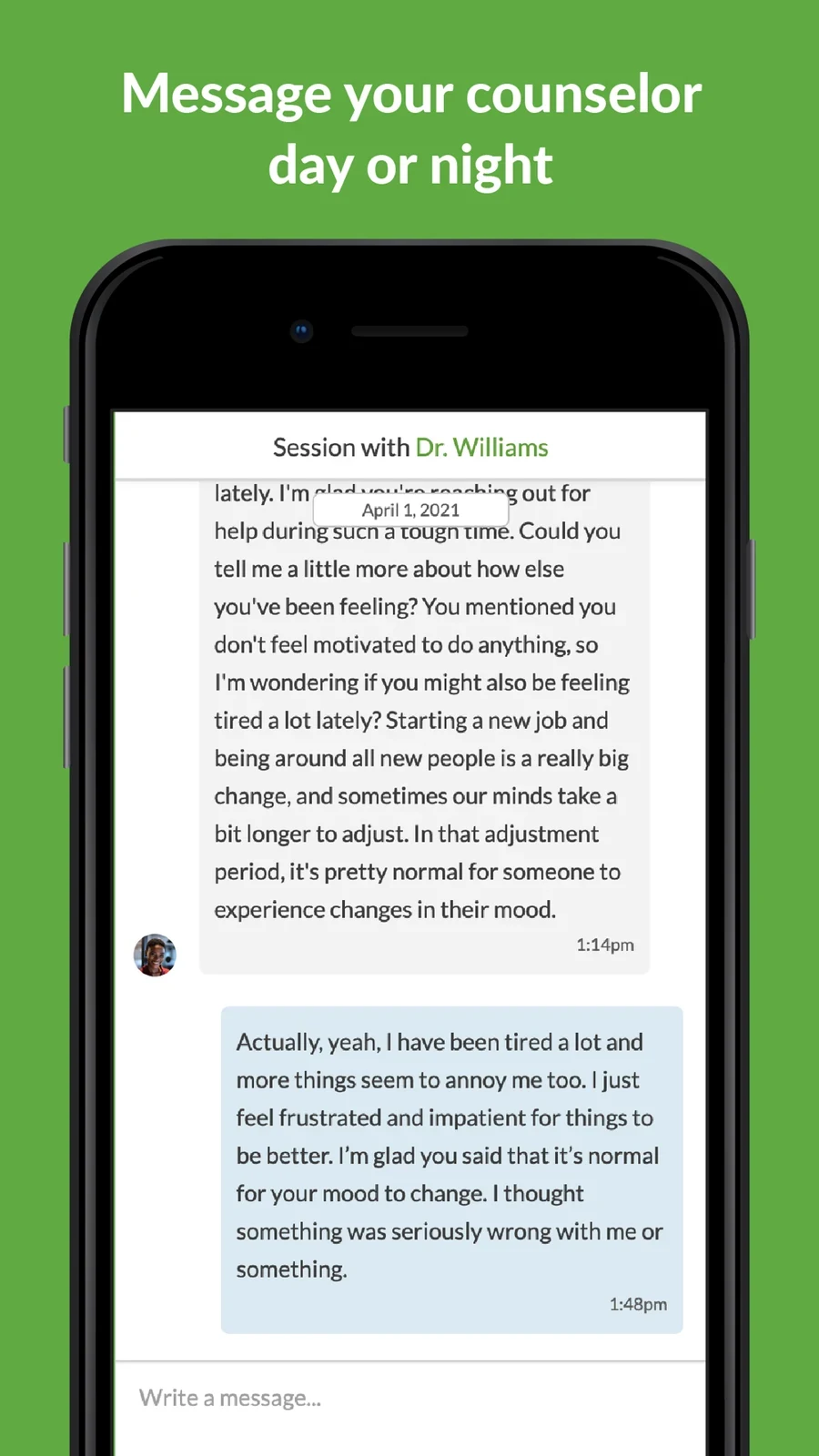 BetterHelp: therapist message thread with small text