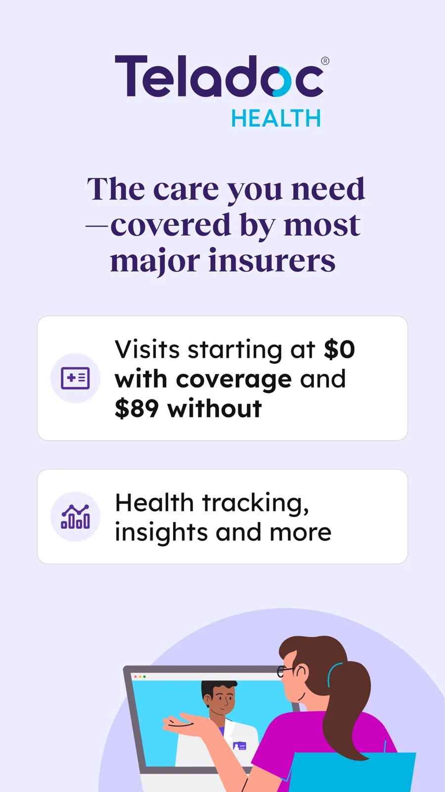 Teladoc: coverage and self-pay cards above a call illustration