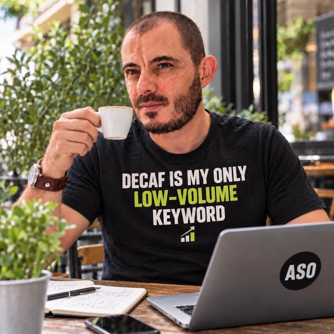 Gabriel reviewing app rankings and reports over coffee
