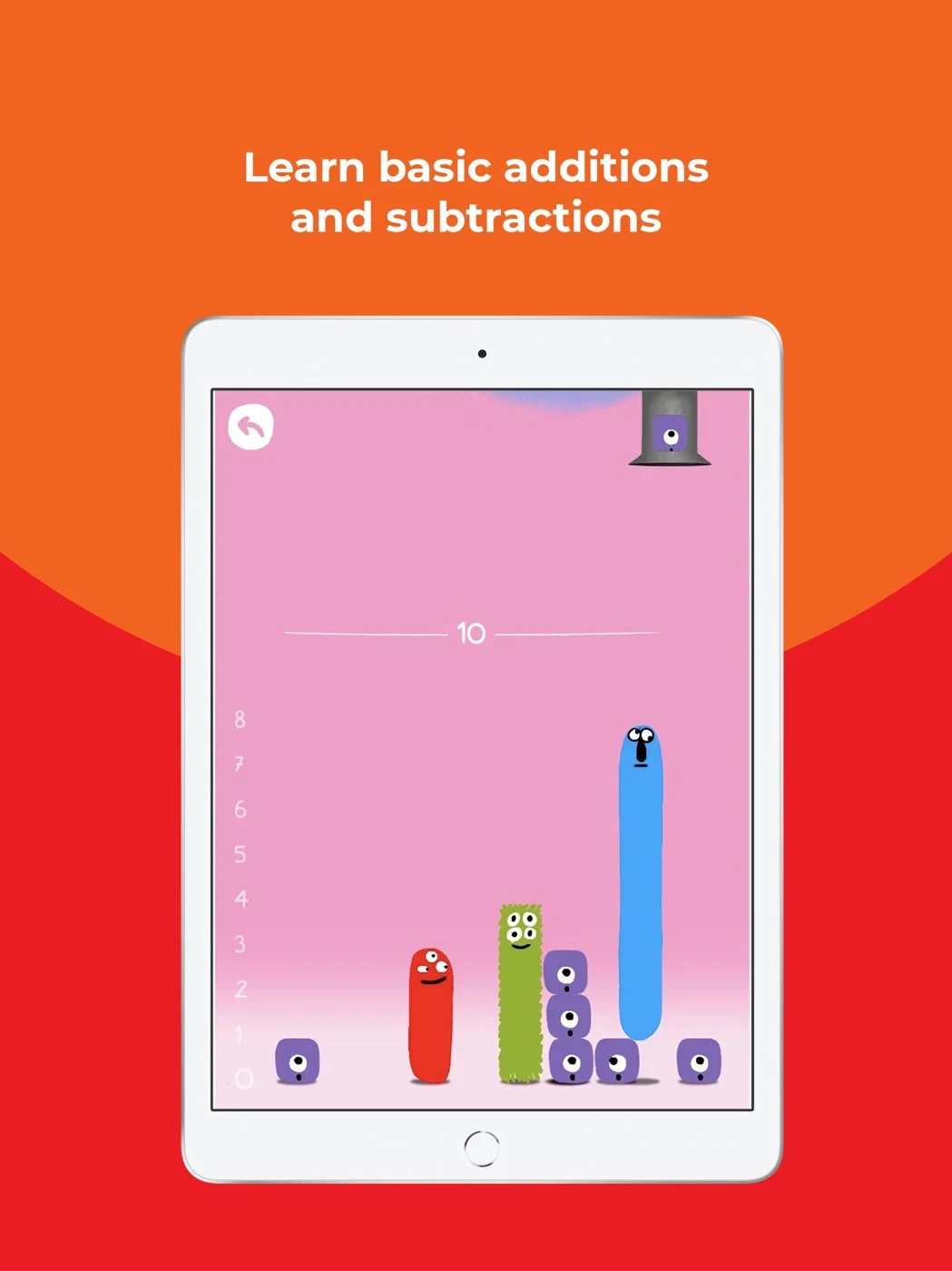 Kahoot! Numbers by DragonBox, panel 3: Number blocks accompany an addition and subtraction headline.
