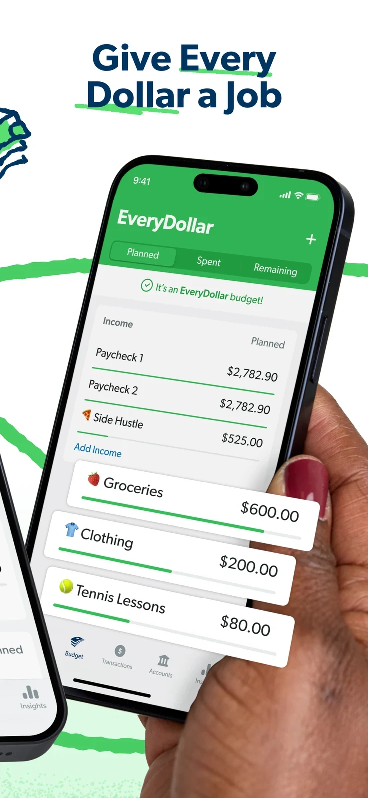 EveryDollar: category allocations over a phone held in a hand
