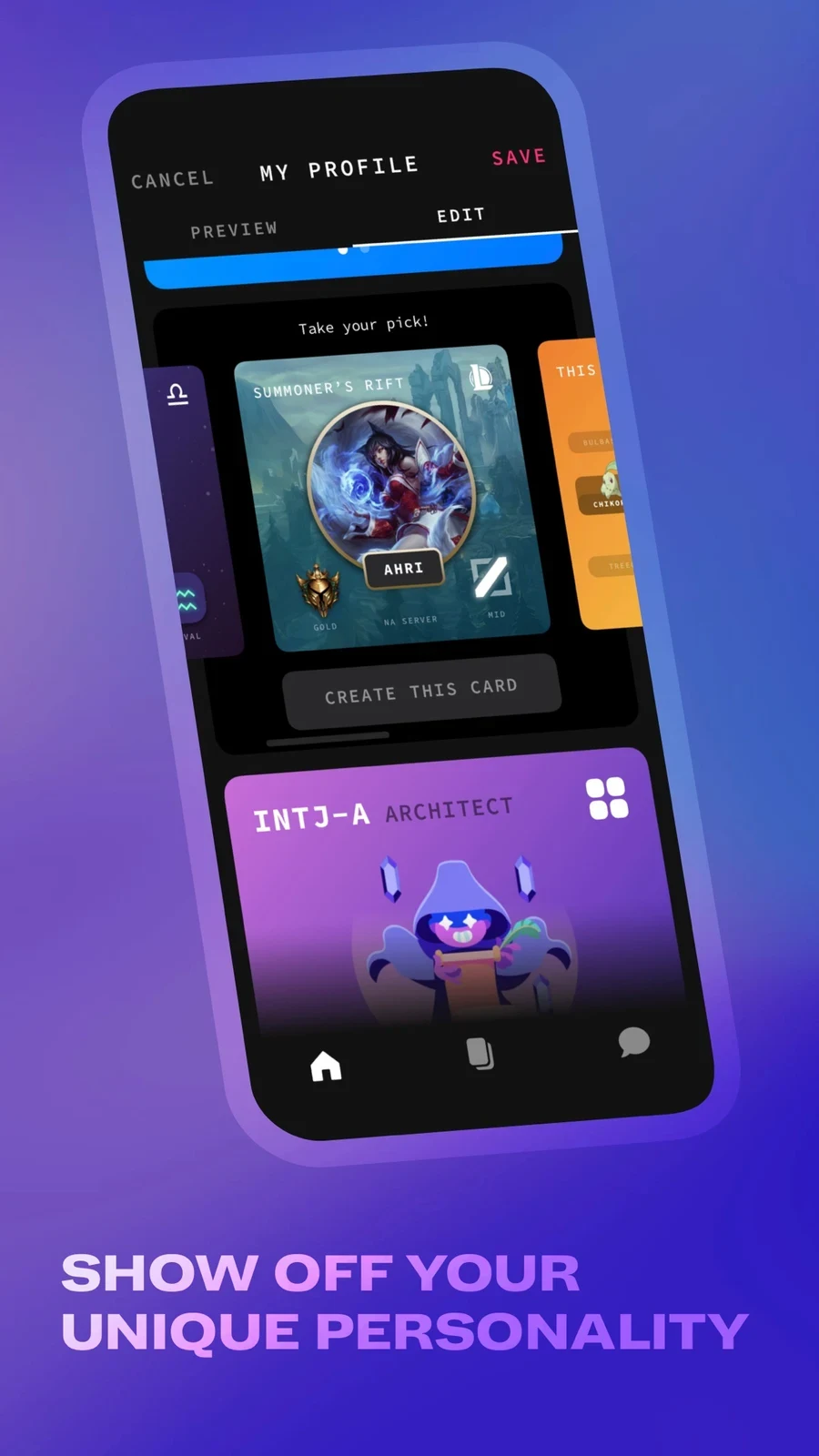 Kippo - Come Hang Out, panel 3: A profile editor shows game-related cards.