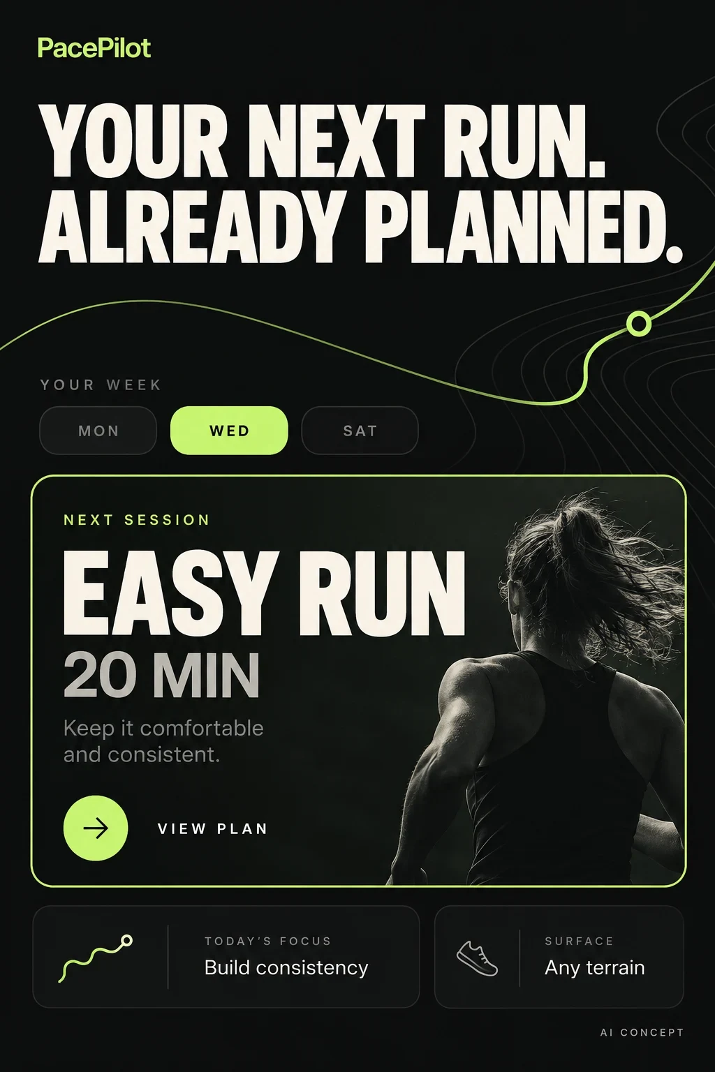 AI-generated PacePilot planning concept with a large next-run message and session interface