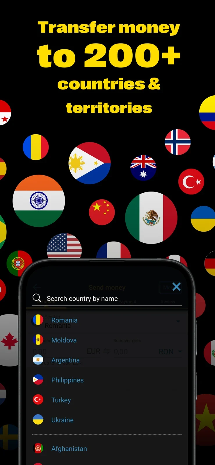 Western Union, panel 2: Flags and a country selector reinforce global coverage.