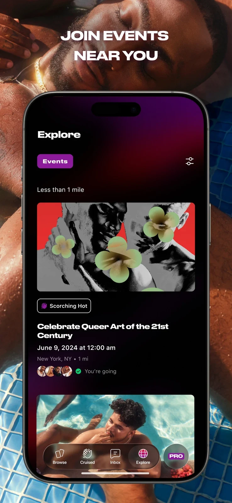 Jack’d - Gay chat & dating, panel 3: An event interface suggests local community activities.