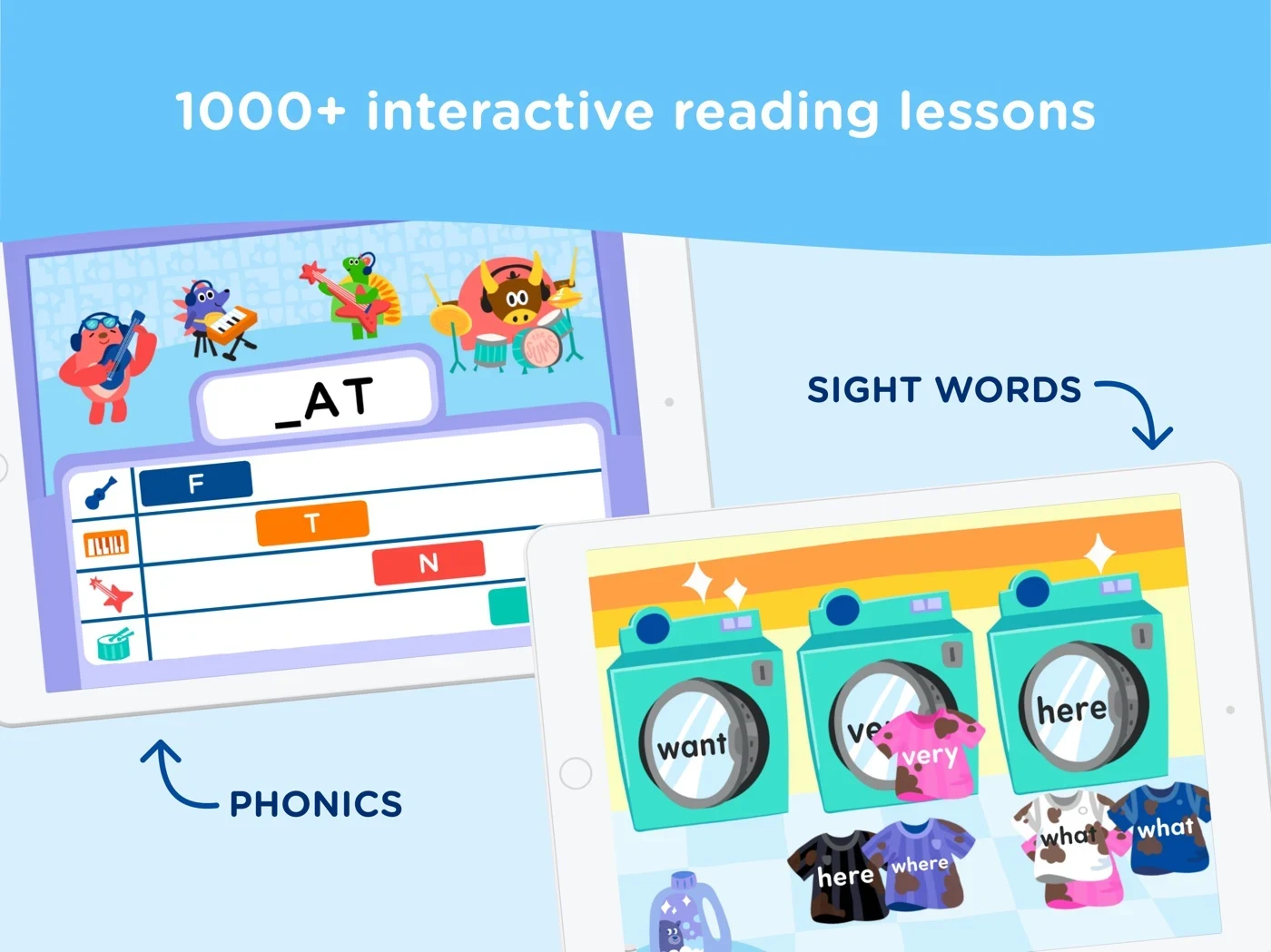 HOMER: Fun Learning For Kids, panel 3: Phonics and sight-word activities accompany a lesson count.
