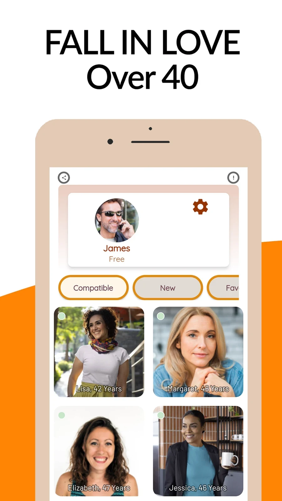 Plus40 - dating and chat., panel 2: An over-40 headline accompanies a profile grid.
