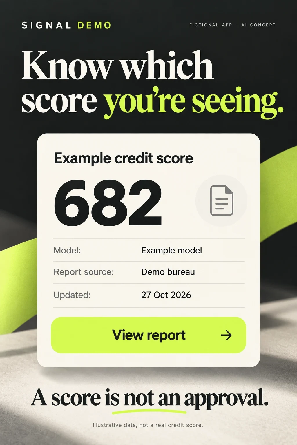 Fictional Signal Demo concept placing an example credit score beside its model, report source and date