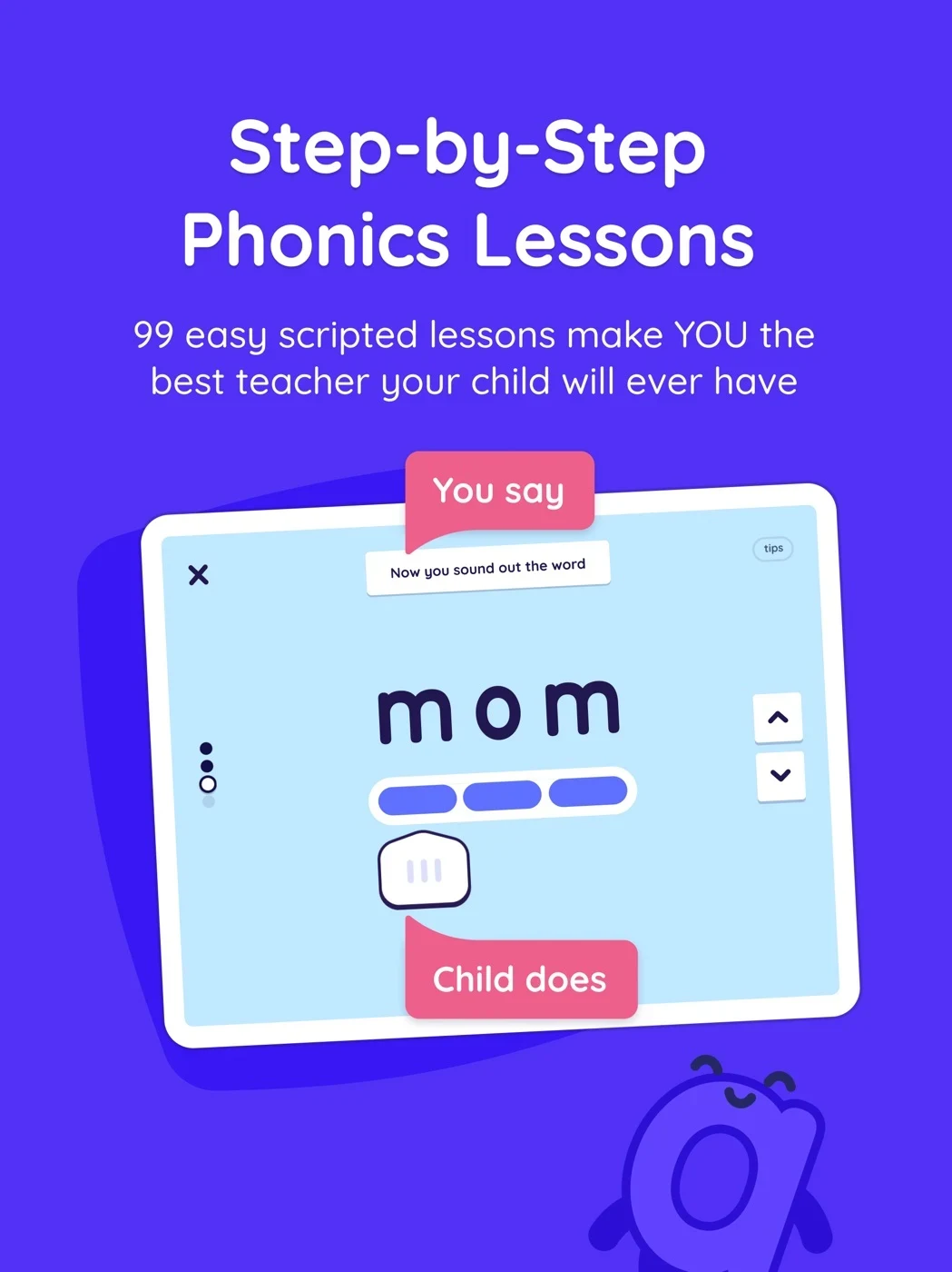 Learn to Read - Reading.com, panel 3: A phonics screen labels adult speech and child action.