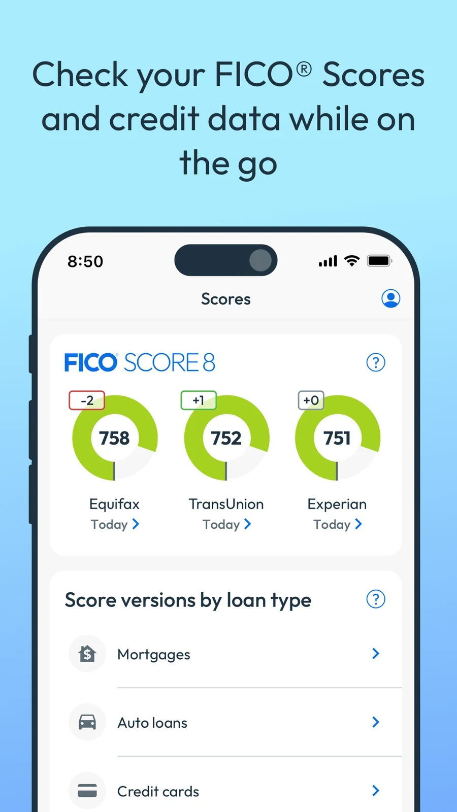 myFICO, panel 1: Three bureau scores share a visible model label and links to score versions by loan type.