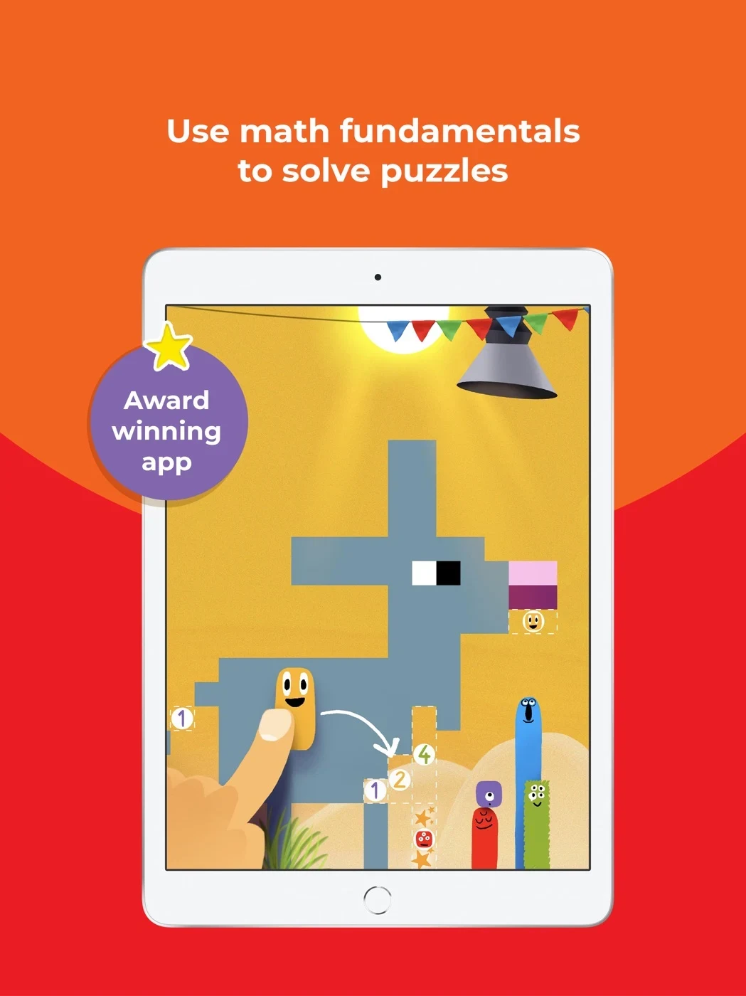 Kahoot! Numbers by DragonBox, panel 4: A hand moves a character in a puzzle beside an award claim.