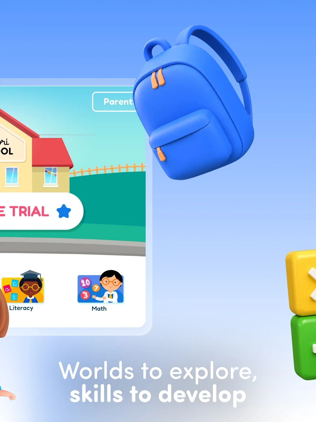Montessori Preschool, Kids 3-7, panel 4: Literacy and math categories appear beside a free-trial prompt.