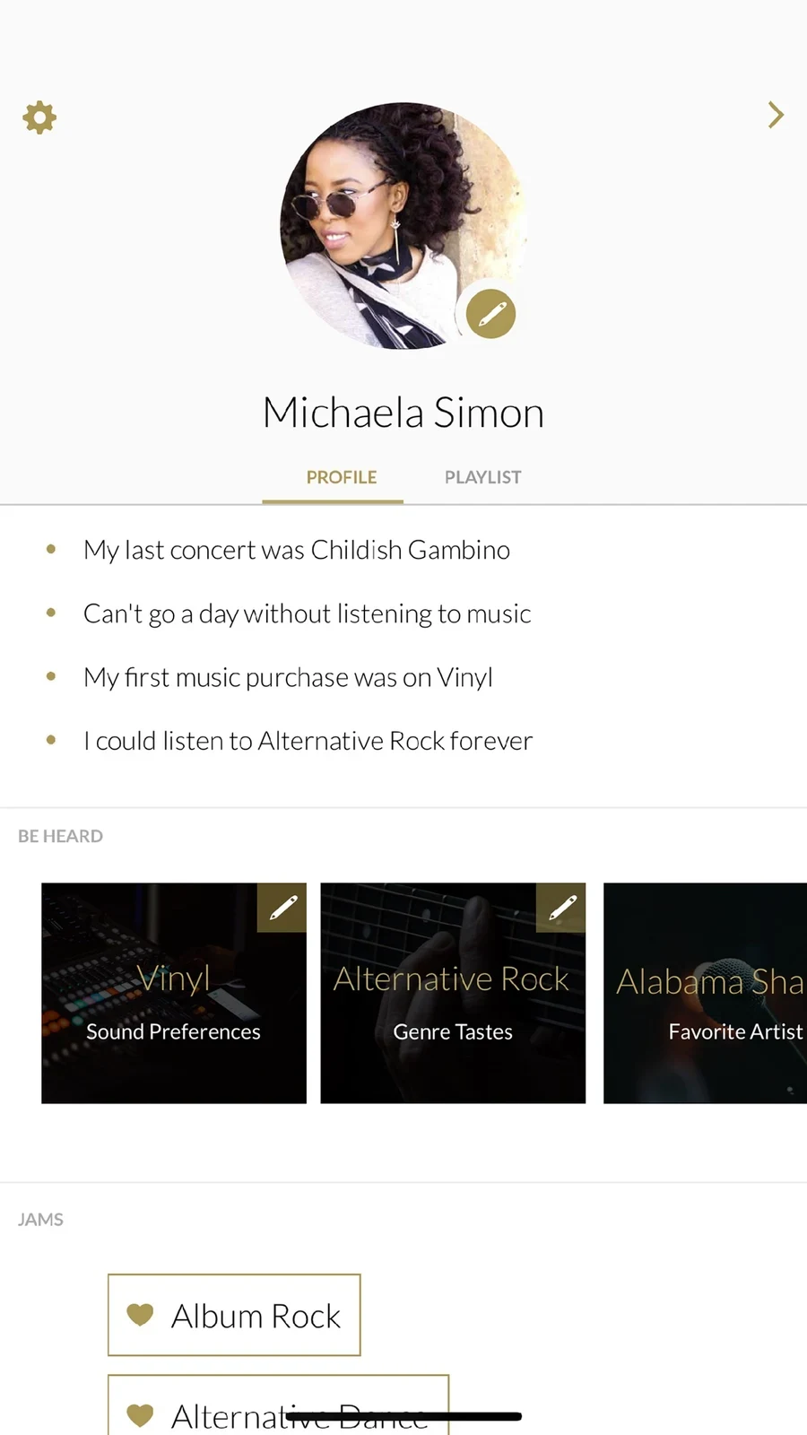 Vinylly Music Lovers Dating, panel 2: A profile displays genre preferences and prompts.