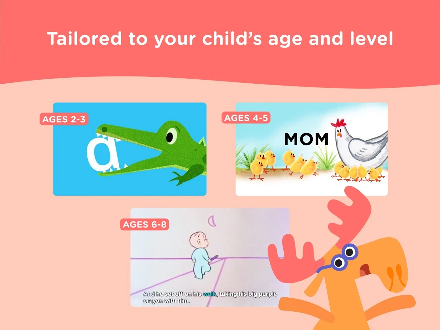 HOMER: Fun Learning For Kids, panel 2: Three age bands show different content.