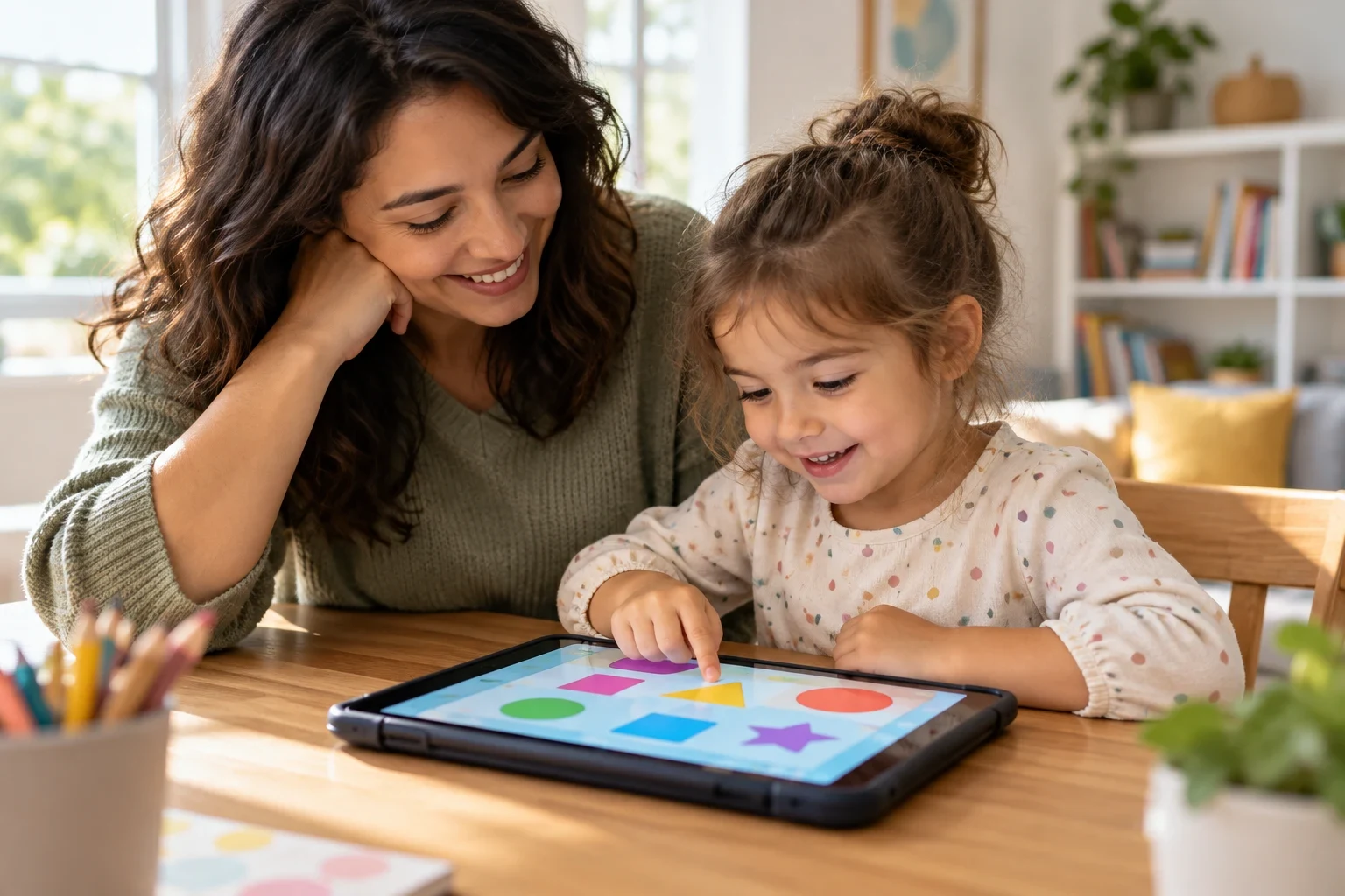 A caregiver and child exploring a playful tablet activity