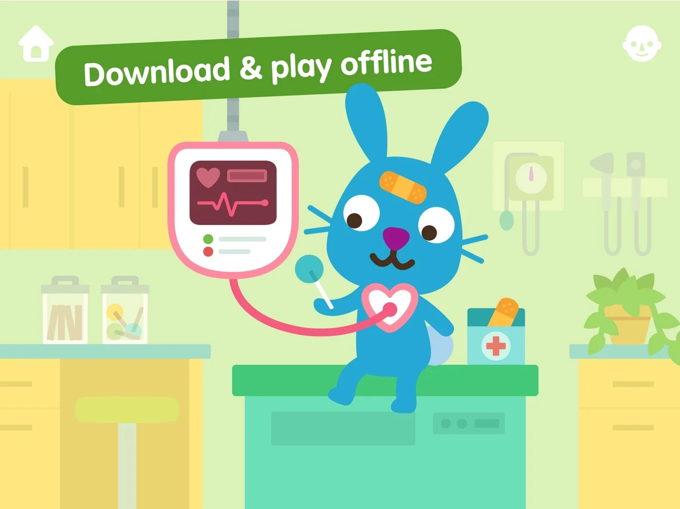 Sago Mini World: Kids Games, panel 3: A care scene accompanies an offline claim.