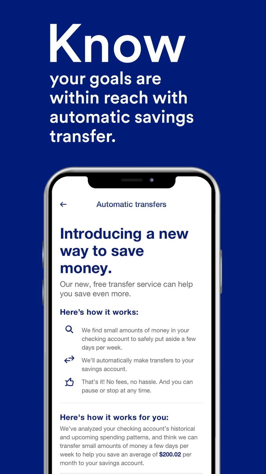 U.S. Bank, panel 4: An automatic-savings explanation includes a long in-app text block.