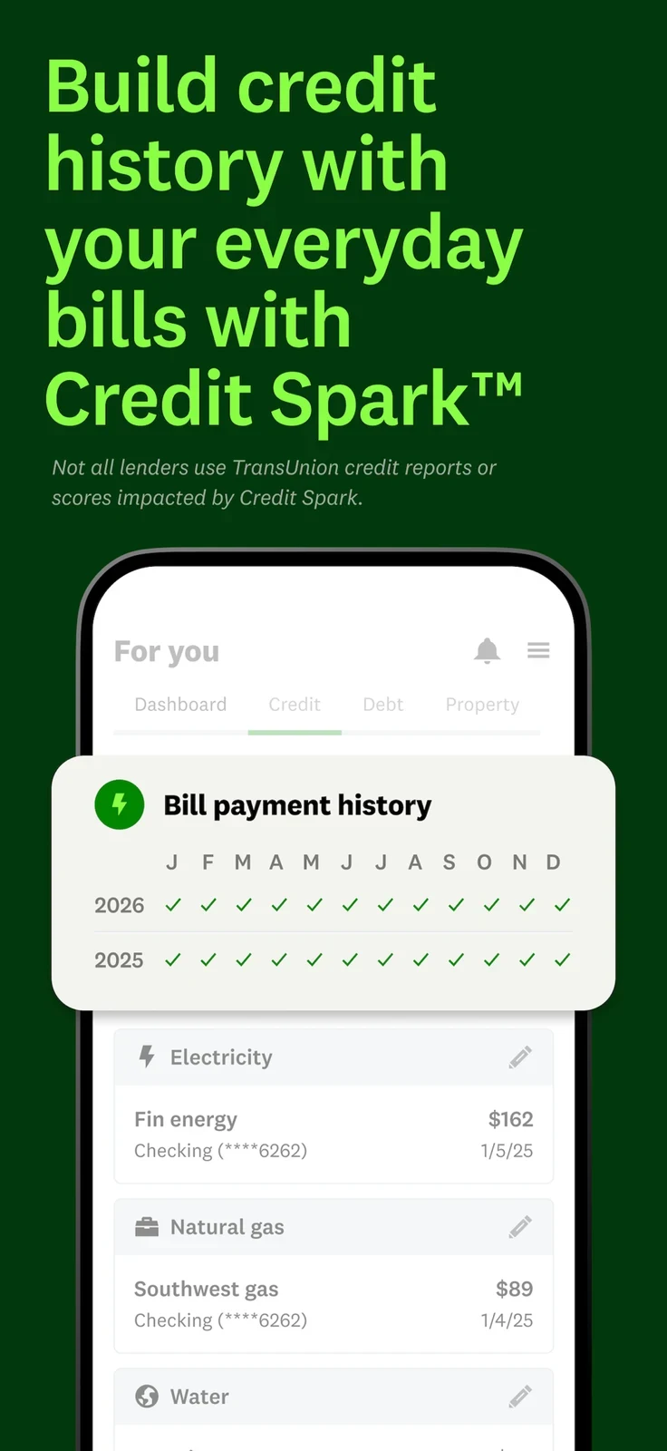 Credit Karma, panel 3: A bill-history overlay presents payment reporting with a lender-use qualification.