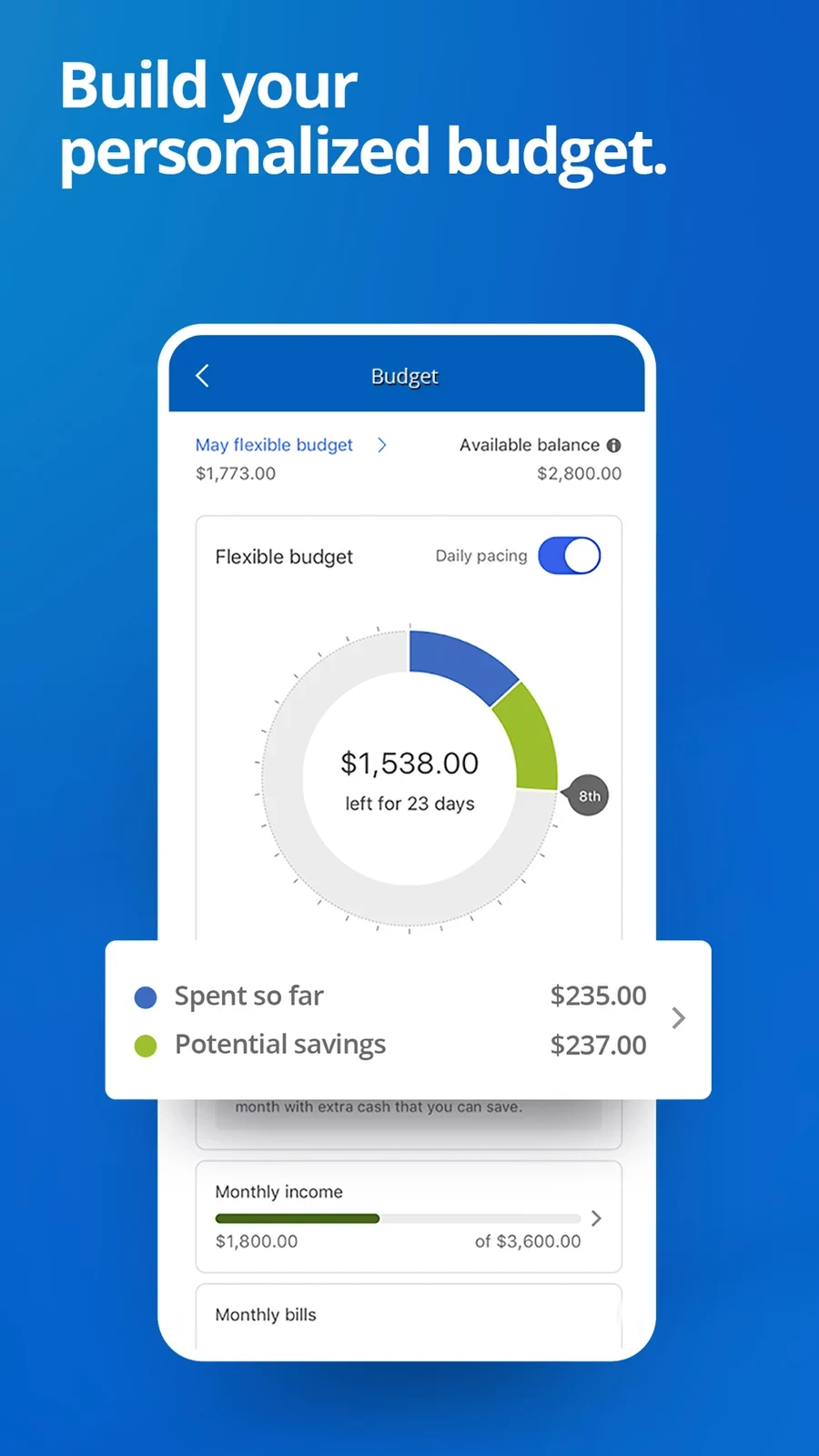 Chase: budget chart with remaining money days and potential savings