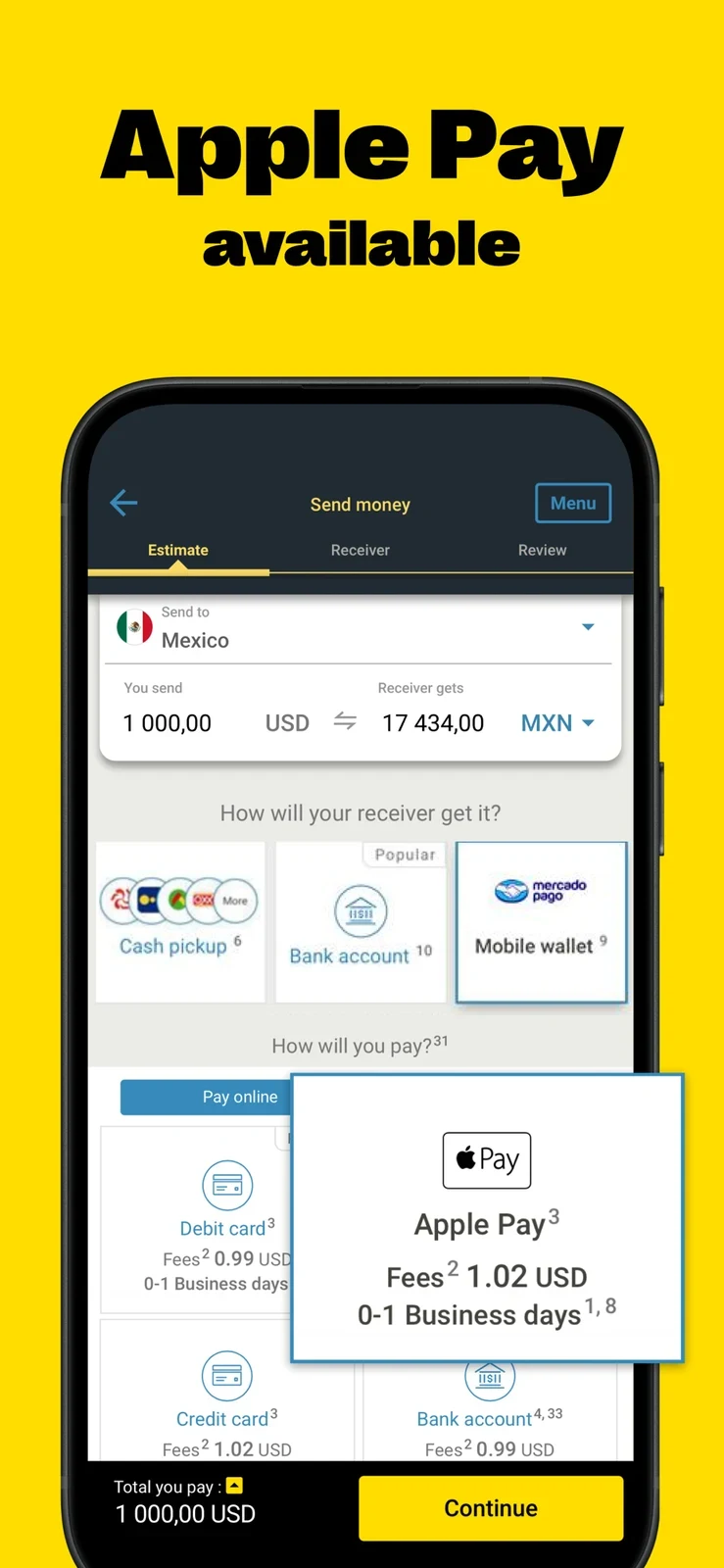 Western Union, panel 4: An Apple Pay funding panel overlays a quote and method choices.