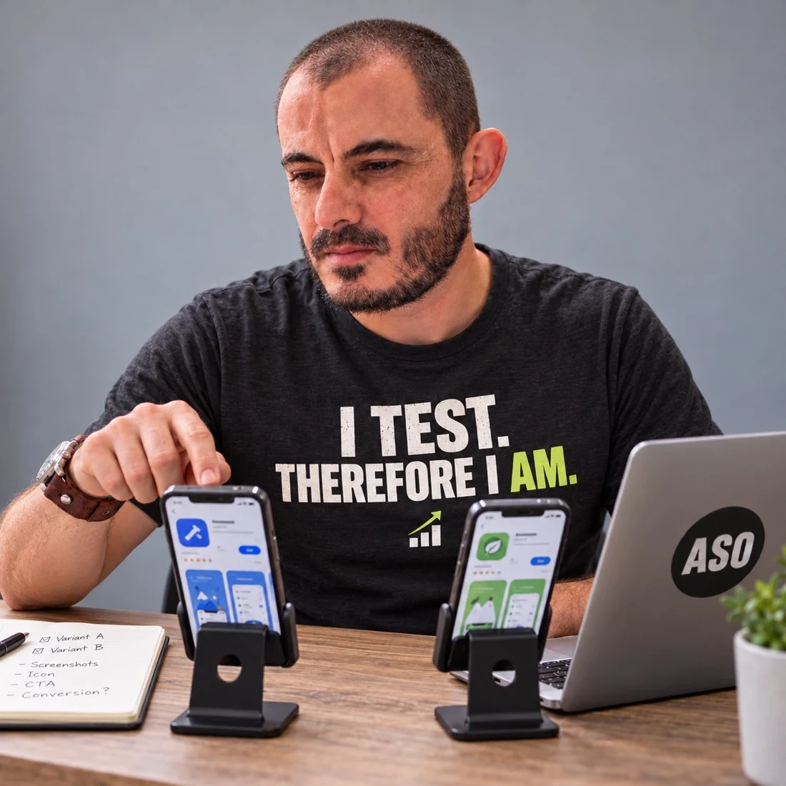 Gabriel working through an app listing experiment at his desk