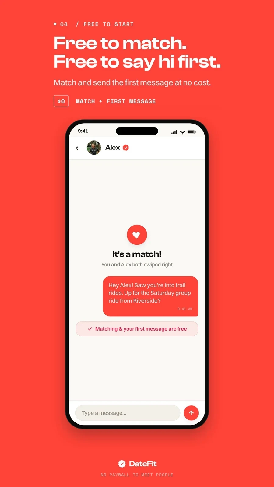 DateFit: Fitness Dating, panel 4: A first-message screen claims free initial access.