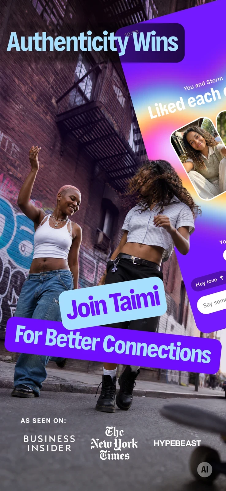 Taimi LGBTQ+ Dating & Chat App, panel 2: AI-labelled imagery and mockup suggest mutual interest.