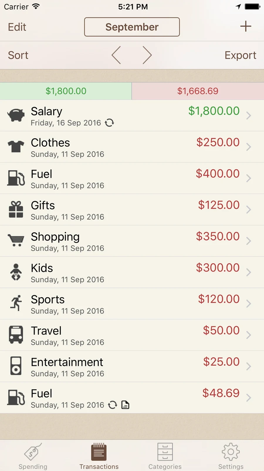 Spending Tracker: September transaction list with export control