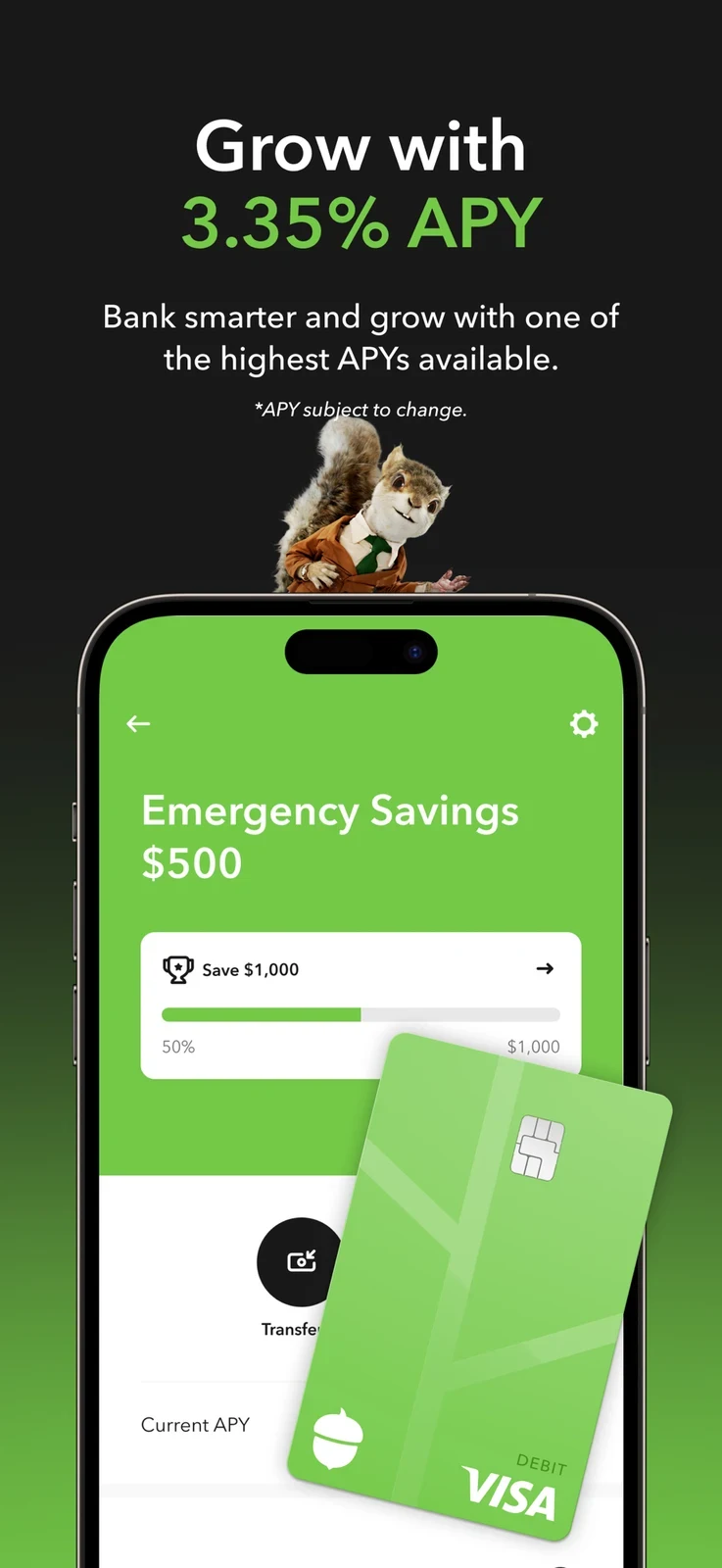 Acorns, panel 4: A savings panel shifts to cash interest and a goal balance.