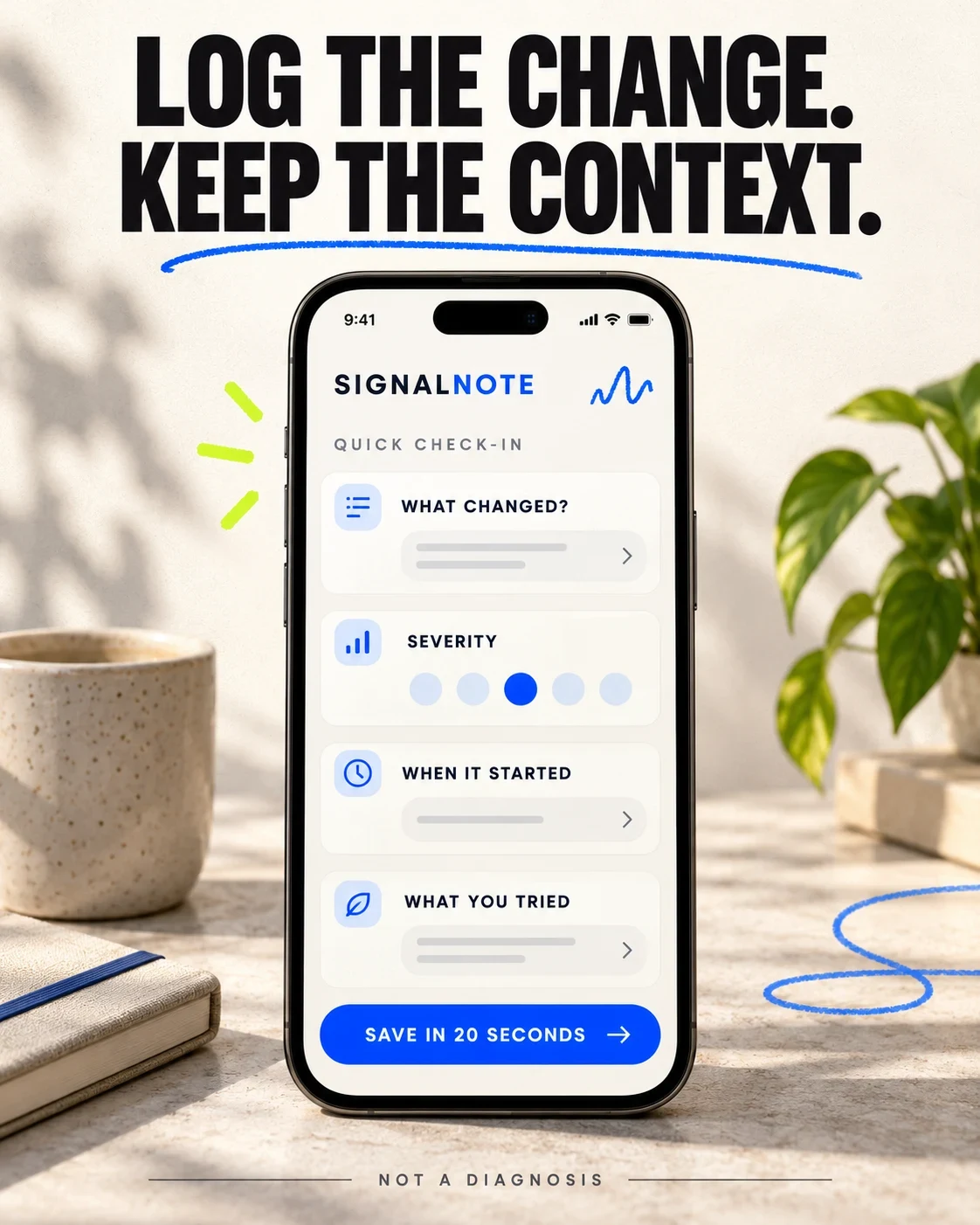 Fictional SignalNote concept showing a fast symptom check-in with context