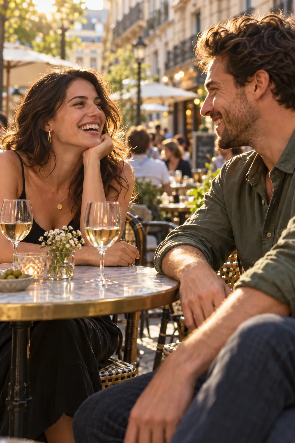 Two adults enjoying a relaxed date at an outdoor cafe