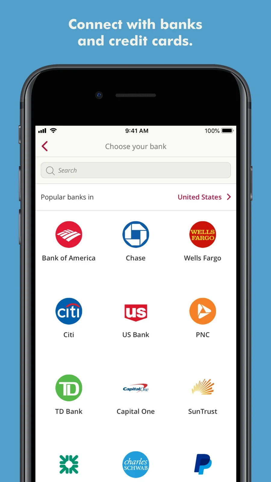 Toshl: bank selection screen with United States region
