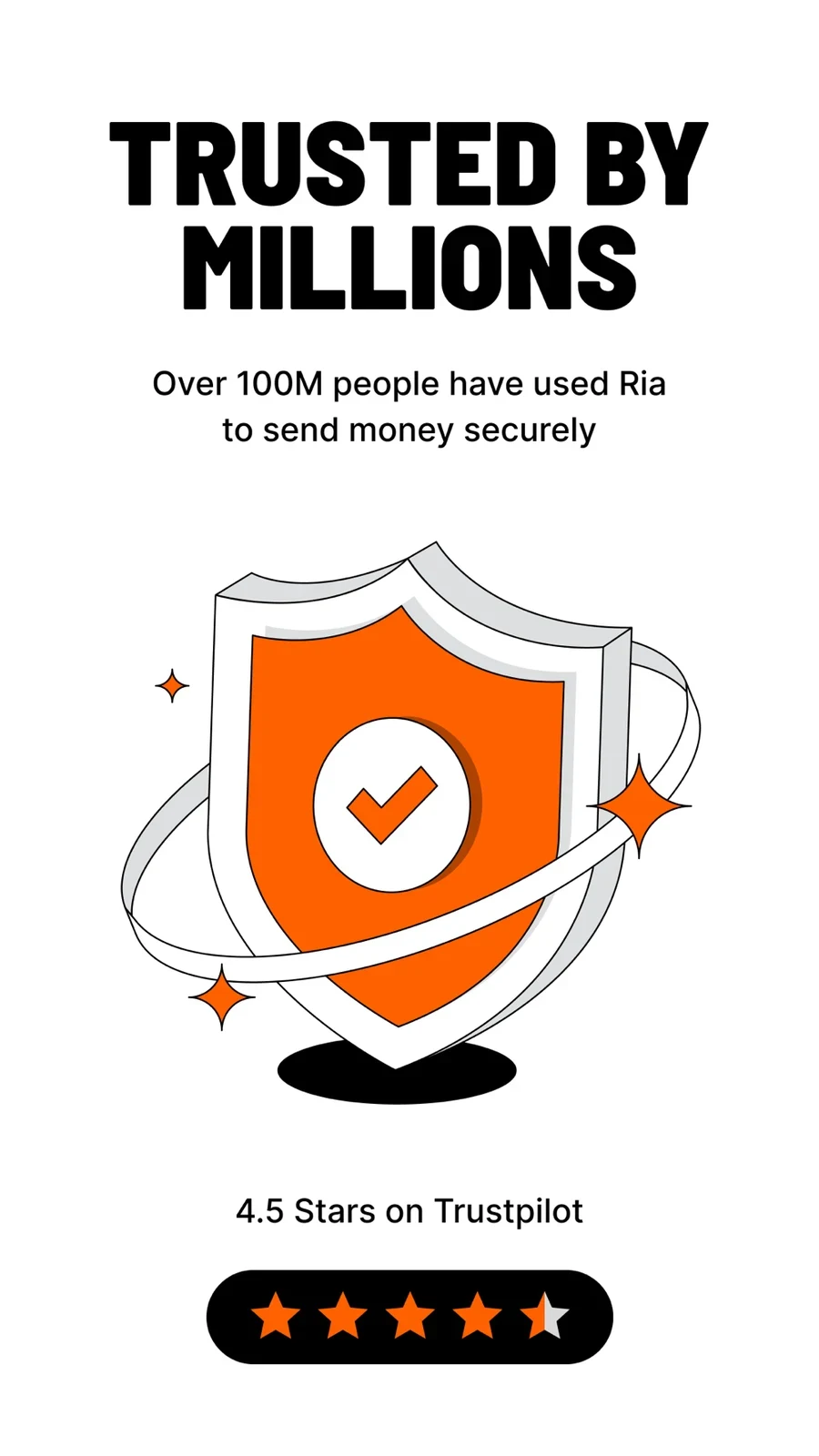 Ria, panel 3: A shield and rating claim provide reassurance without transaction UI.