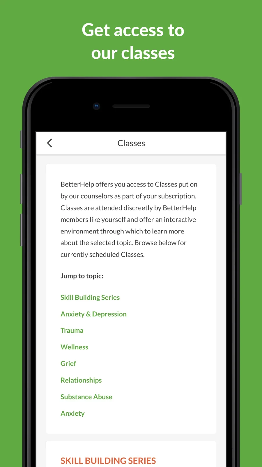 BetterHelp: class list and subscription-related description