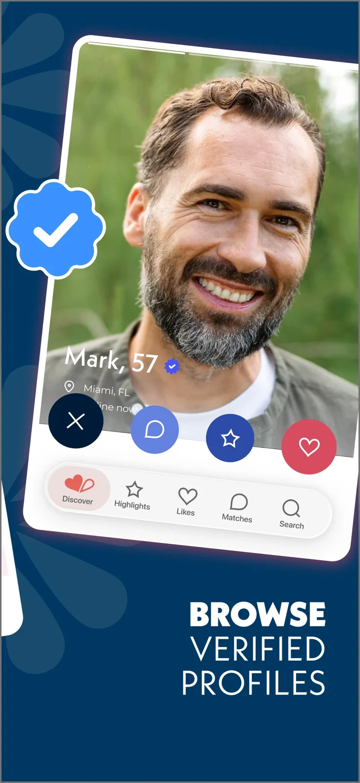OurTime: Meet Singles Over 50, panel 3: A badge supports a verification message.