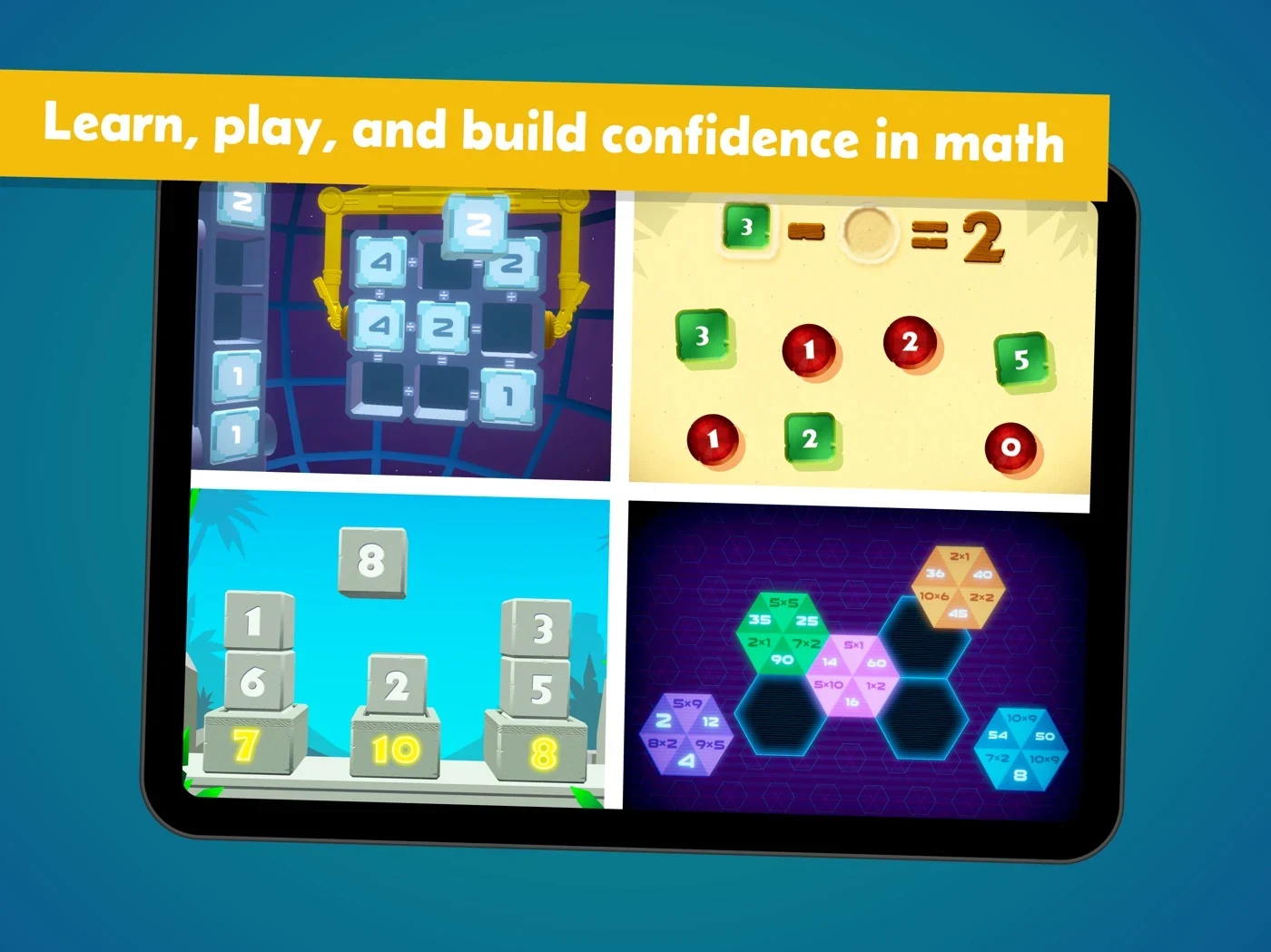 MathTango: Math Games for Kids, panel 4: Four game screens show arithmetic activities.
