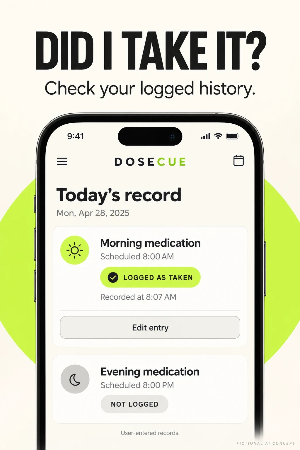 Fictional DoseCue creative distinguishing a scheduled reminder from a logged medication record