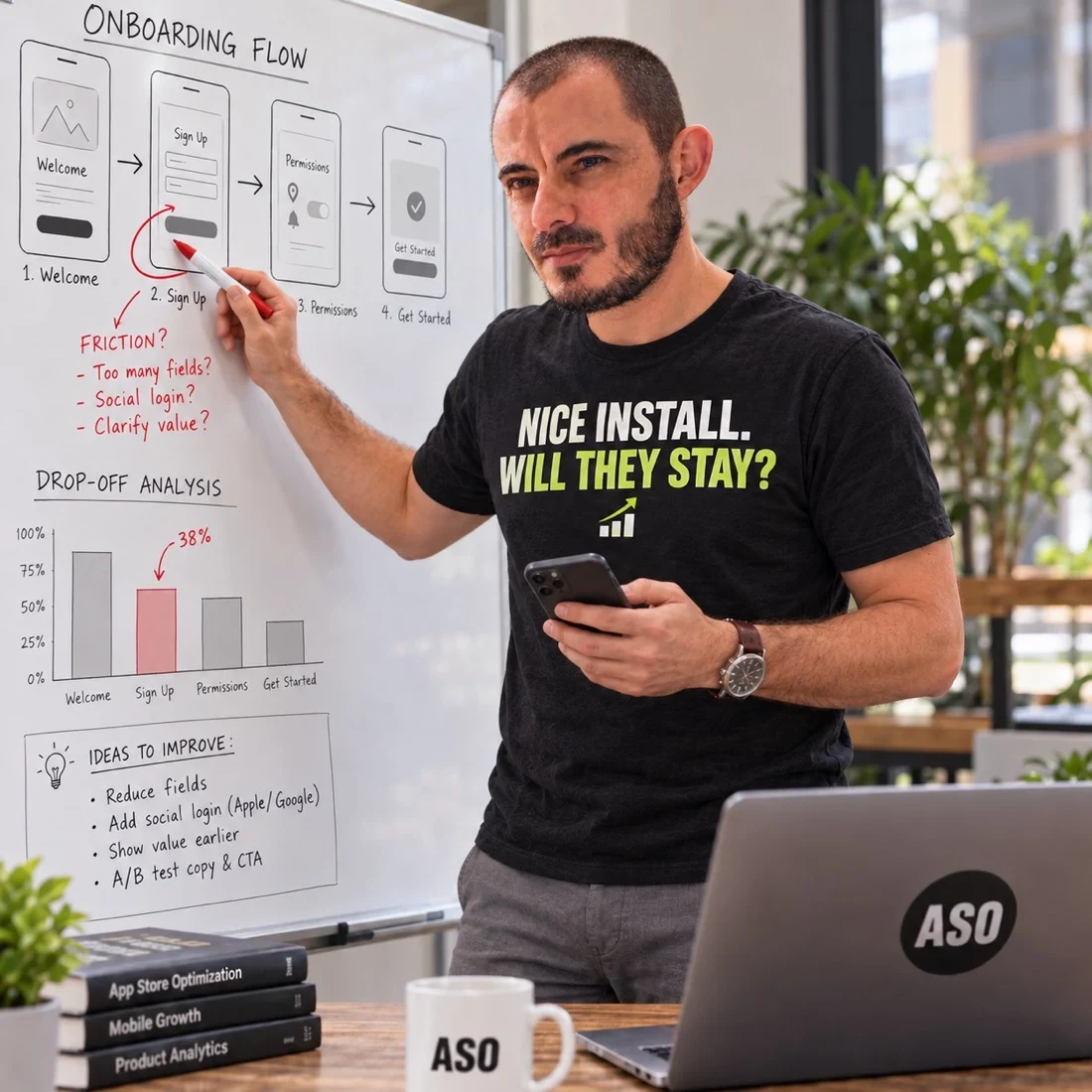 Gabriel reviewing app creative and conversion decisions at work
