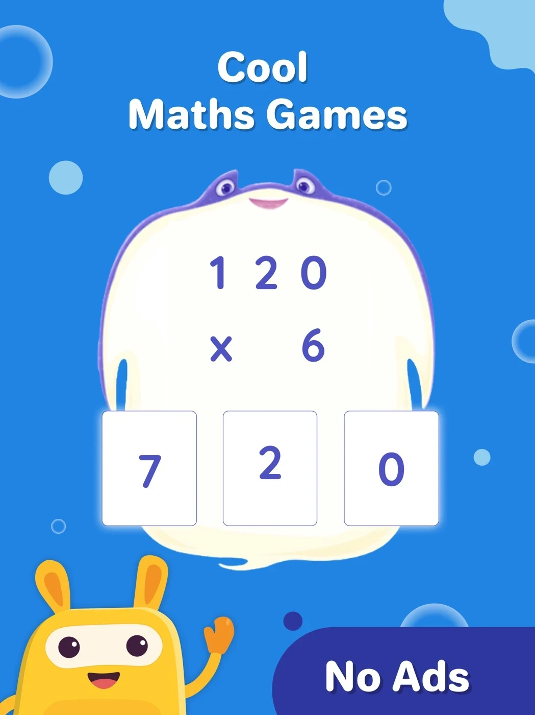 SplashLearn: Learning Games, panel 3: A multiplication example presents digit choices and a no-ads claim.