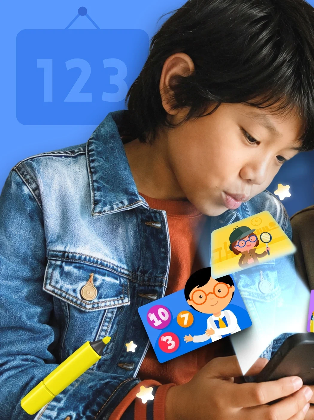 Montessori Preschool, Kids 3-7, panel 1: A child holds a phone beside learning illustrations.