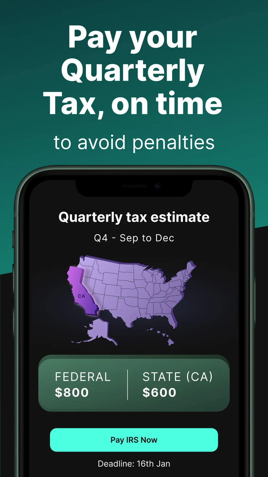 FlyFin, panel 3: A quarterly estimate separates federal and state amounts and a payment control.