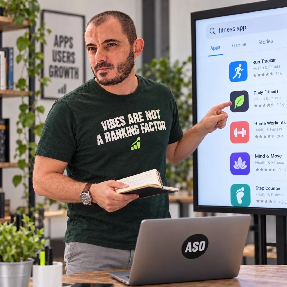 Gabriel working on aso keyword relevance at his ASO workspace