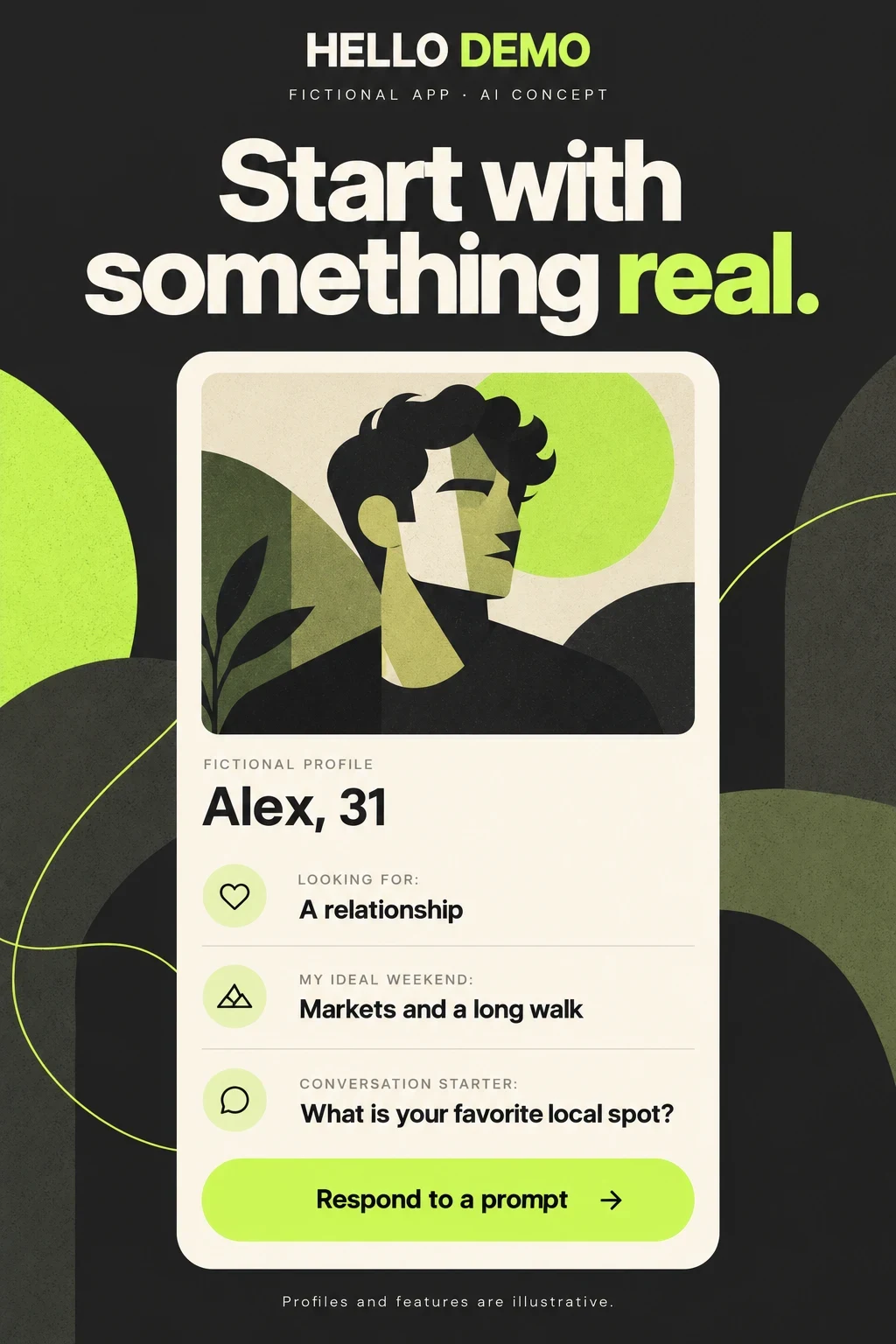 Fictional adult Alex, 31, with an illustrative relationship intention and conversation prompt