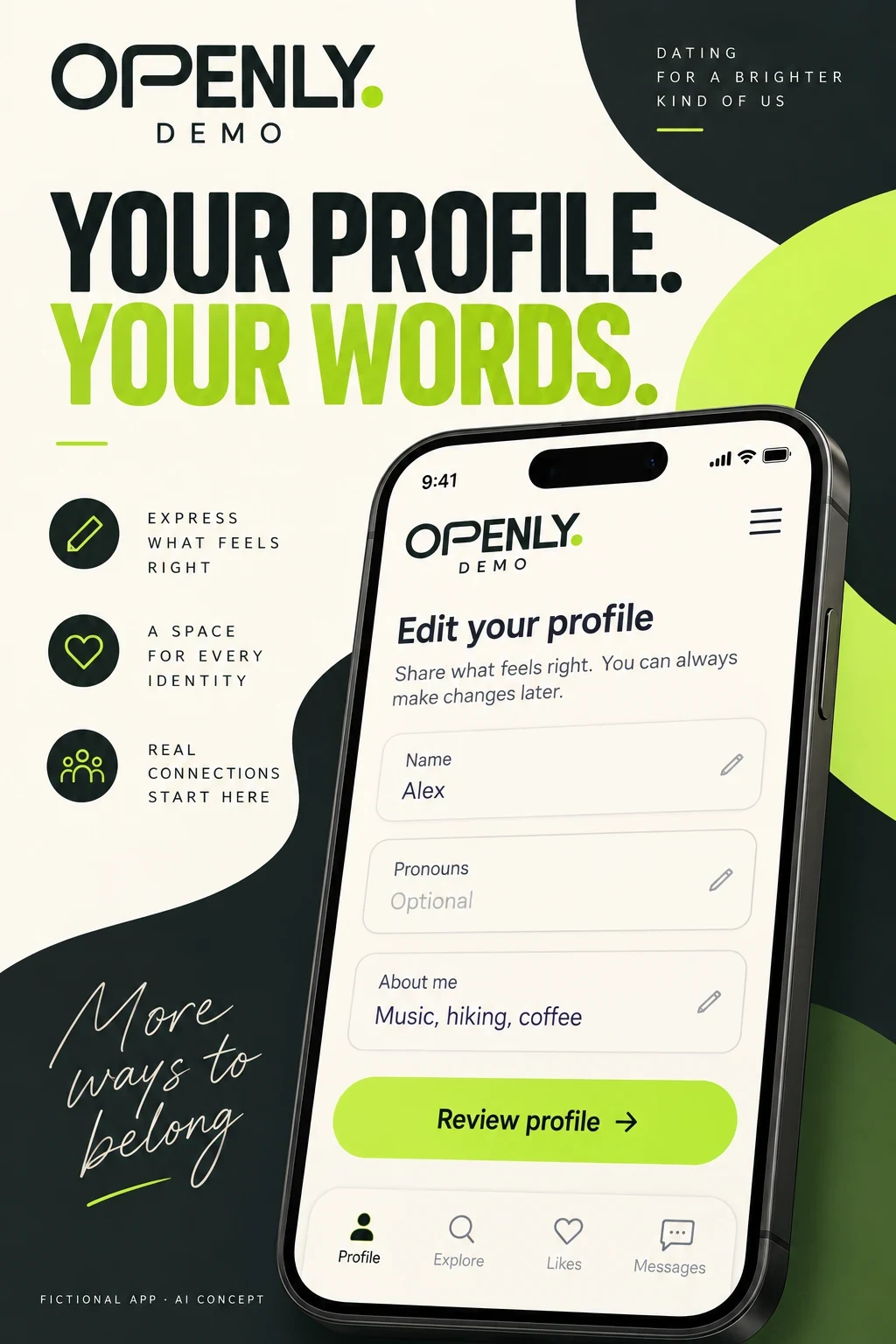 Fictional adult dating profile and optional pronoun field