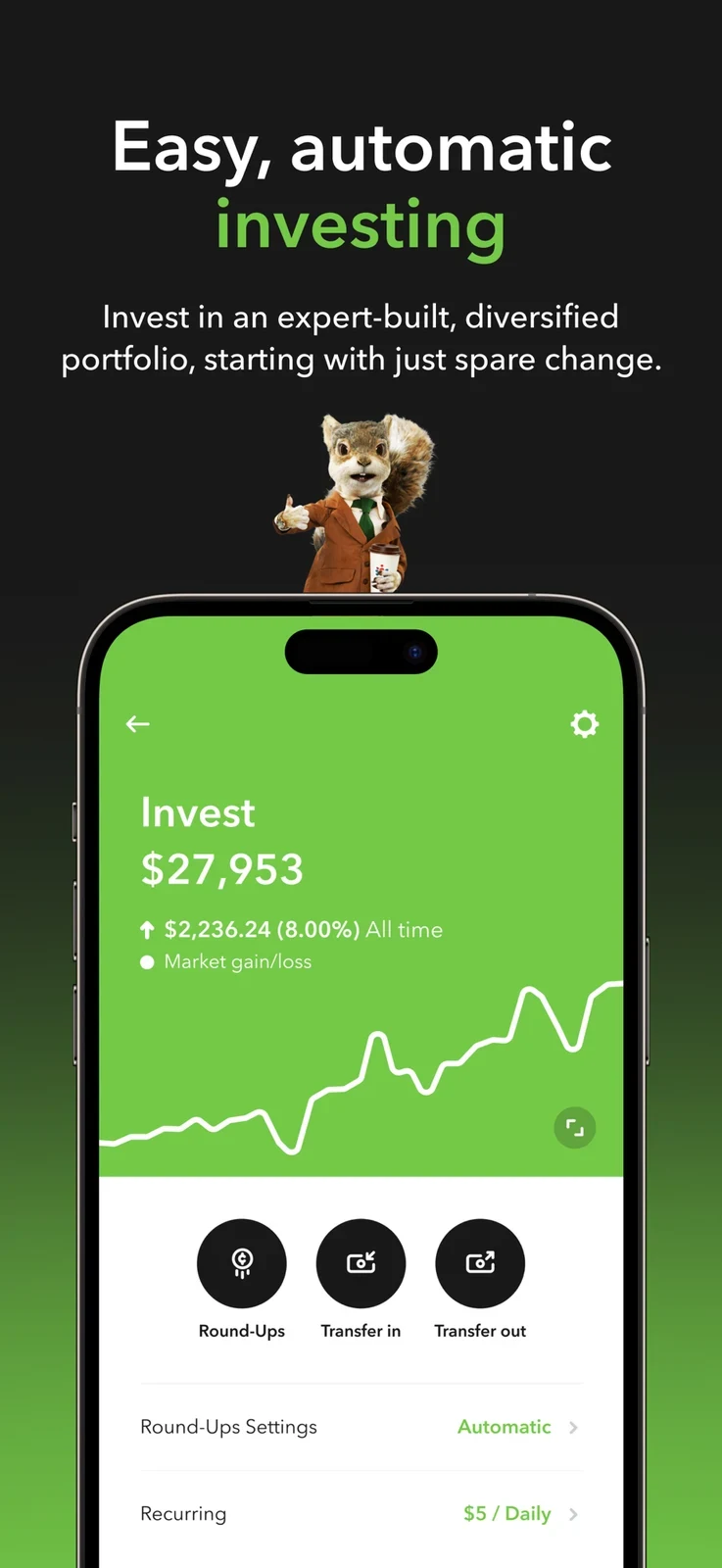 Acorns, panel 2: A portfolio view shows recurring and spare-change controls.
