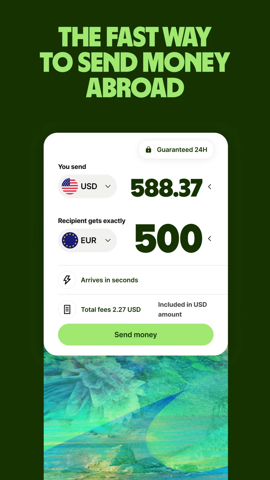 Wise: transfer quote showing send amount recipient amount fee and time labels