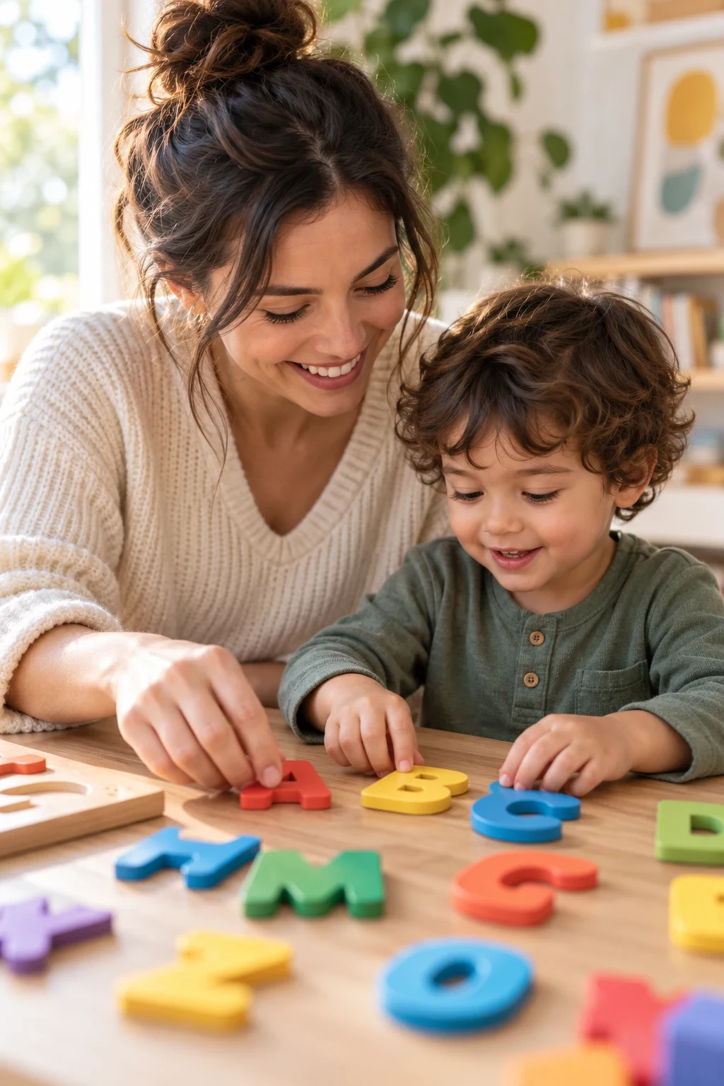 A caregiver and child playing with letter pieces