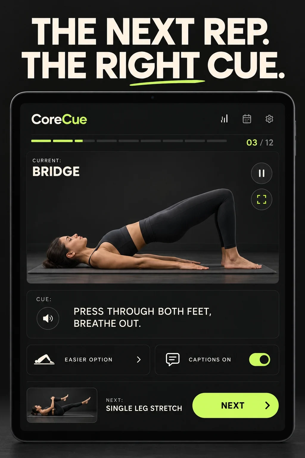 AI concept for fictional CoreCue showing a bridge exercise, readable cue, easier option, captions and next exercise